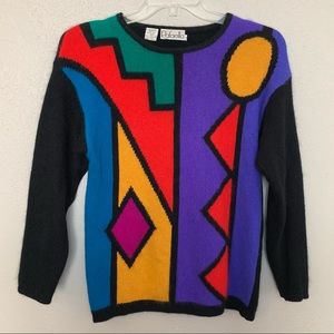 VTG 80s Rafaella Angora Blend Colorblock Sweater Abstract Shapes Colorful Small